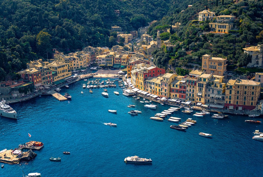 Portofino harbour with yachts and fishing boats from the waterfront